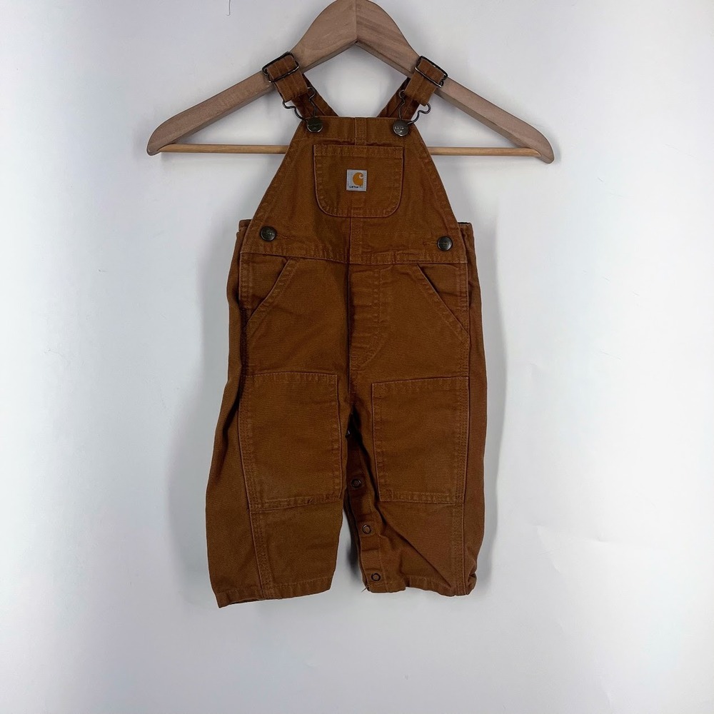 Carhartt Kids‎ 9M Brown Cotton Duck Canvas Bib Overalls Snap Inseam Workwear